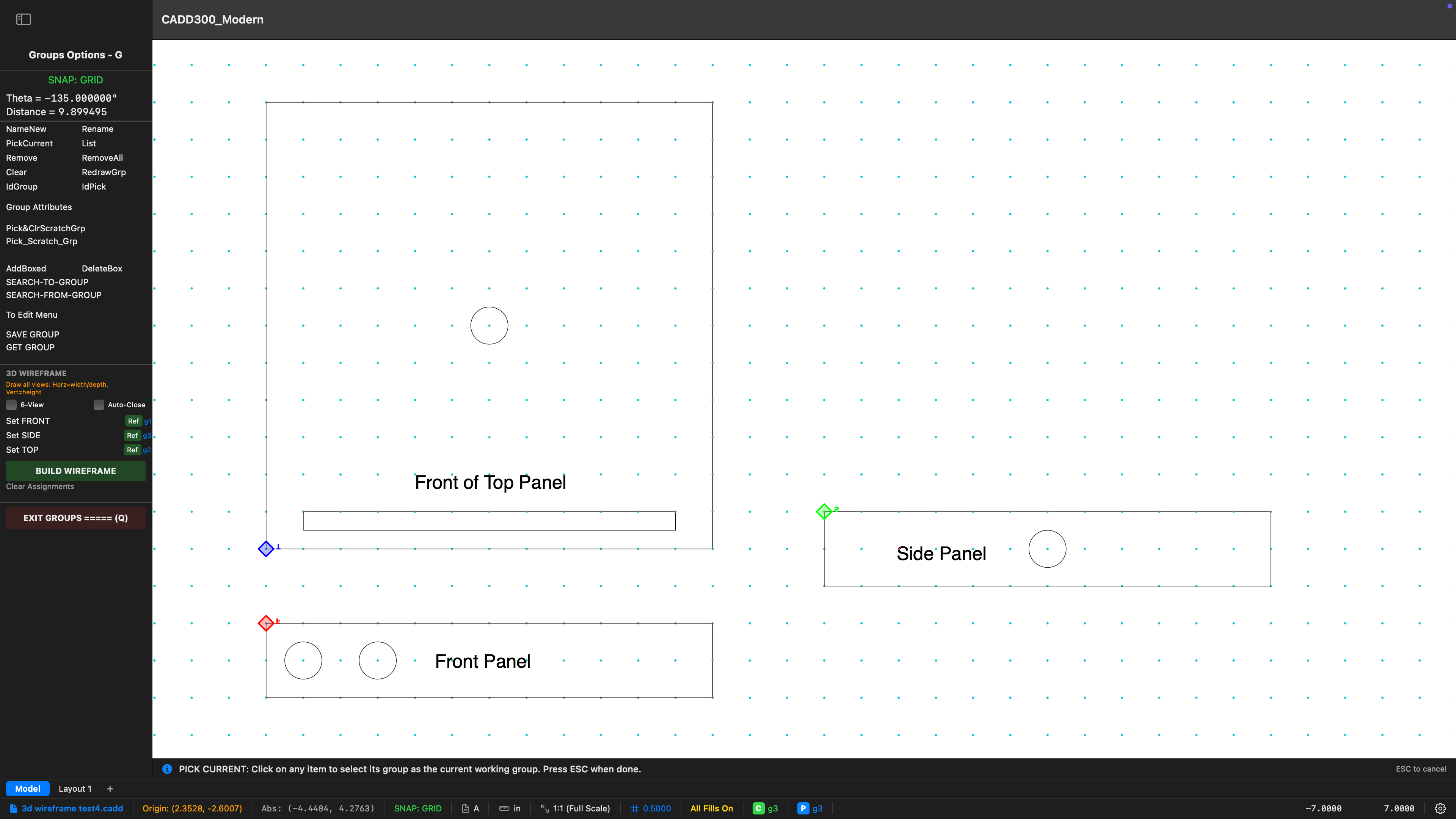 Three orthographic views — top, front, and side panels used as input for 3D wireframe construction